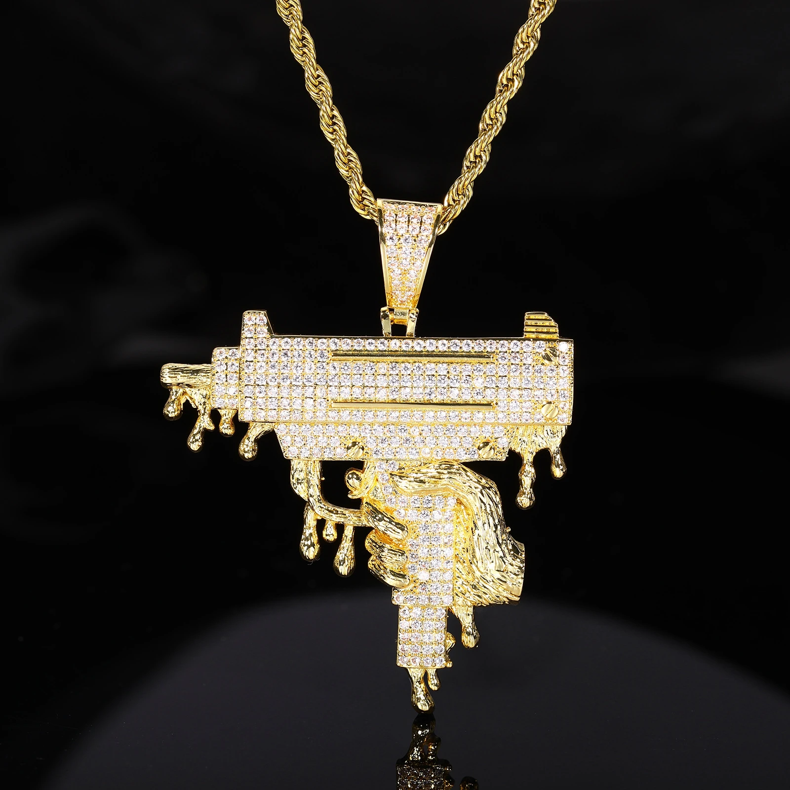 Hip Hop 5A+ CZ Stone Paved Bling Iced Out Gun In Hand Pendants Necklaces for Men Rapper Jewelry Gold Silver Color