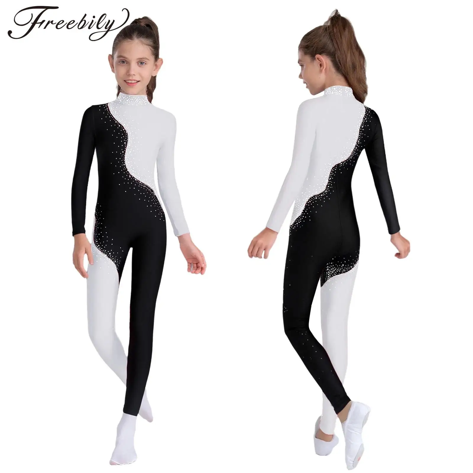 Kids Girls Shiny Rhinestones Rhythmic Gymnastics Figure Skating Leotard Long Sleeve Ballet Dance Acrobatics Yoga Jumpsuit