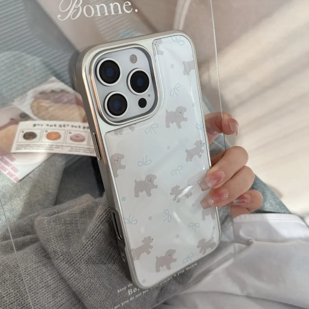 

Чехол для телефона с милым серым плюшевым узором и серебряным краем для iPhone 17, AIR 16, 15, 14, 13, 12, 11 PRO MAX PLUS, пылезащитный чехол с защитой от падения