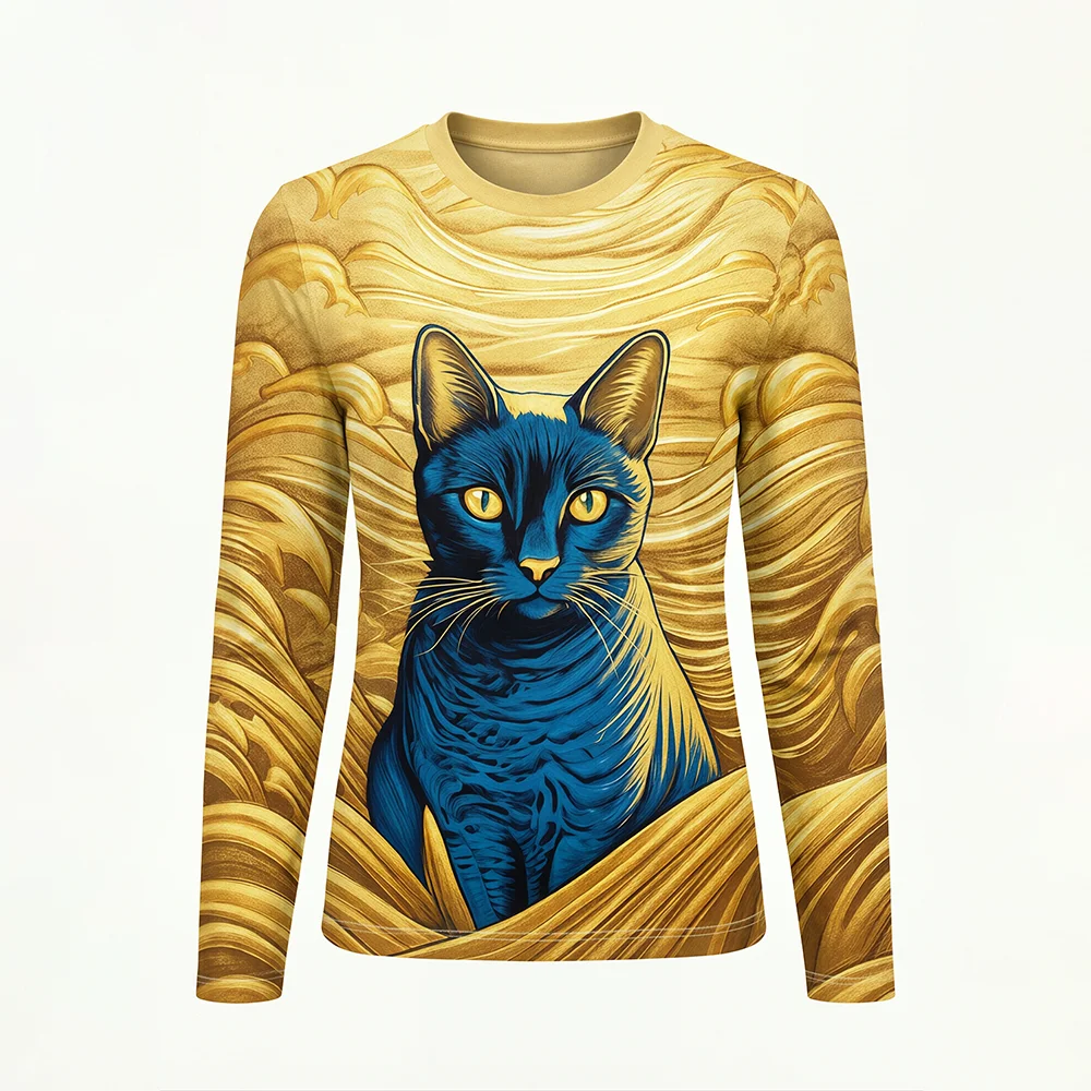 Black Cat Optical Illusion Print T‑shirt Daily Fashion Casual Streetwear Men Women Striped Pattern Crew Neck Long Sleeve Tops