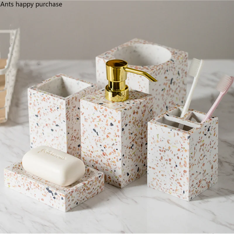 Resin Bathroom 5-piece Set Decor Toiletries Wash Set Square Mouth Cup Toothbrush Holder Lotion Bottle Soap Dish Toilet Brush