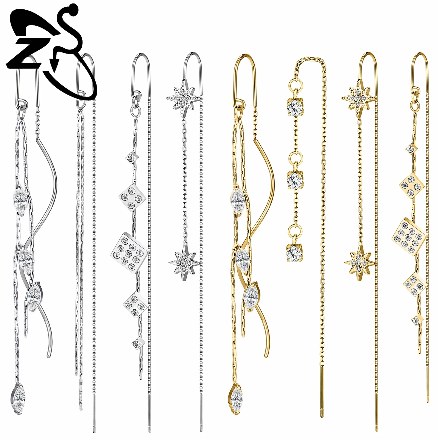 

ZS 20G 2pcs/lot Stainless Steel Long Tassel Drop Earrings Women Girls CZ Crystal Dangle Earring Bowknot Chains Ear Line Jewelry