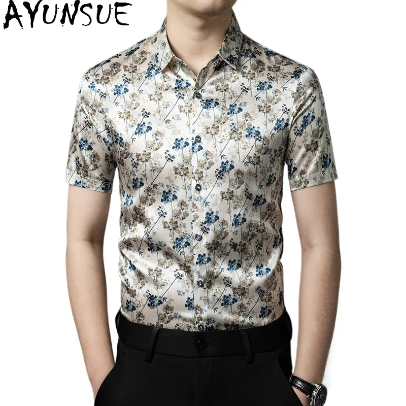 

Мужская рубашка AYUNSUE из 92,5% натурального шелка тутового шелкопряда, летняя модная коллекция 2026, с коротким рукавом, высококачественная, с цветочным принтом, для отпуска