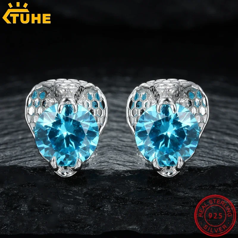 

TUHE Unisex 925 Sterling Silver CZ Gothic Black Snake Stud Earrings Green Zircon For Men Hip Hop Jewelry Party Gift