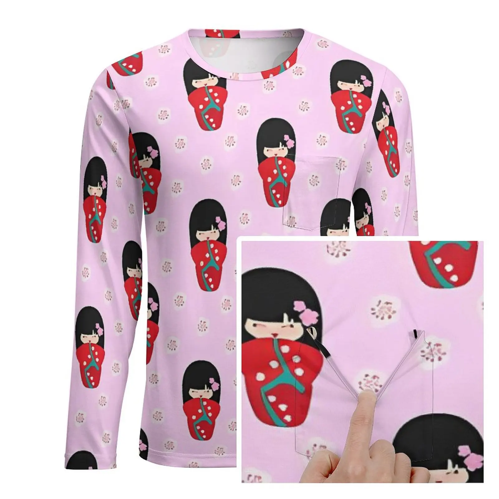 Japanese Dolls T-Shirt Man Red Kokeshi Fun T Shirts Spring Cool Tee Shirt Long Sleeve Design Plus Size Tops