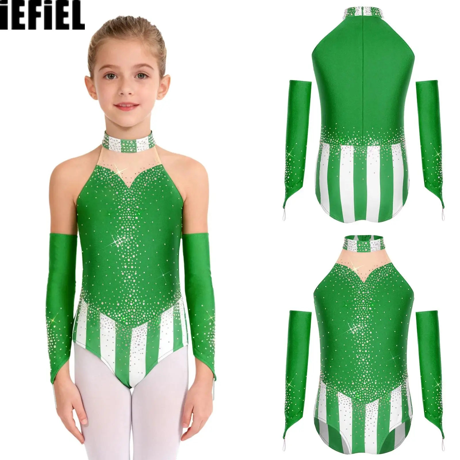 

Kids Girls Design Circus Dance Leotard Patchwork Adorned with Shinny Rhinestones Back Invisible Zipper Jumpsuit And Oversleeves