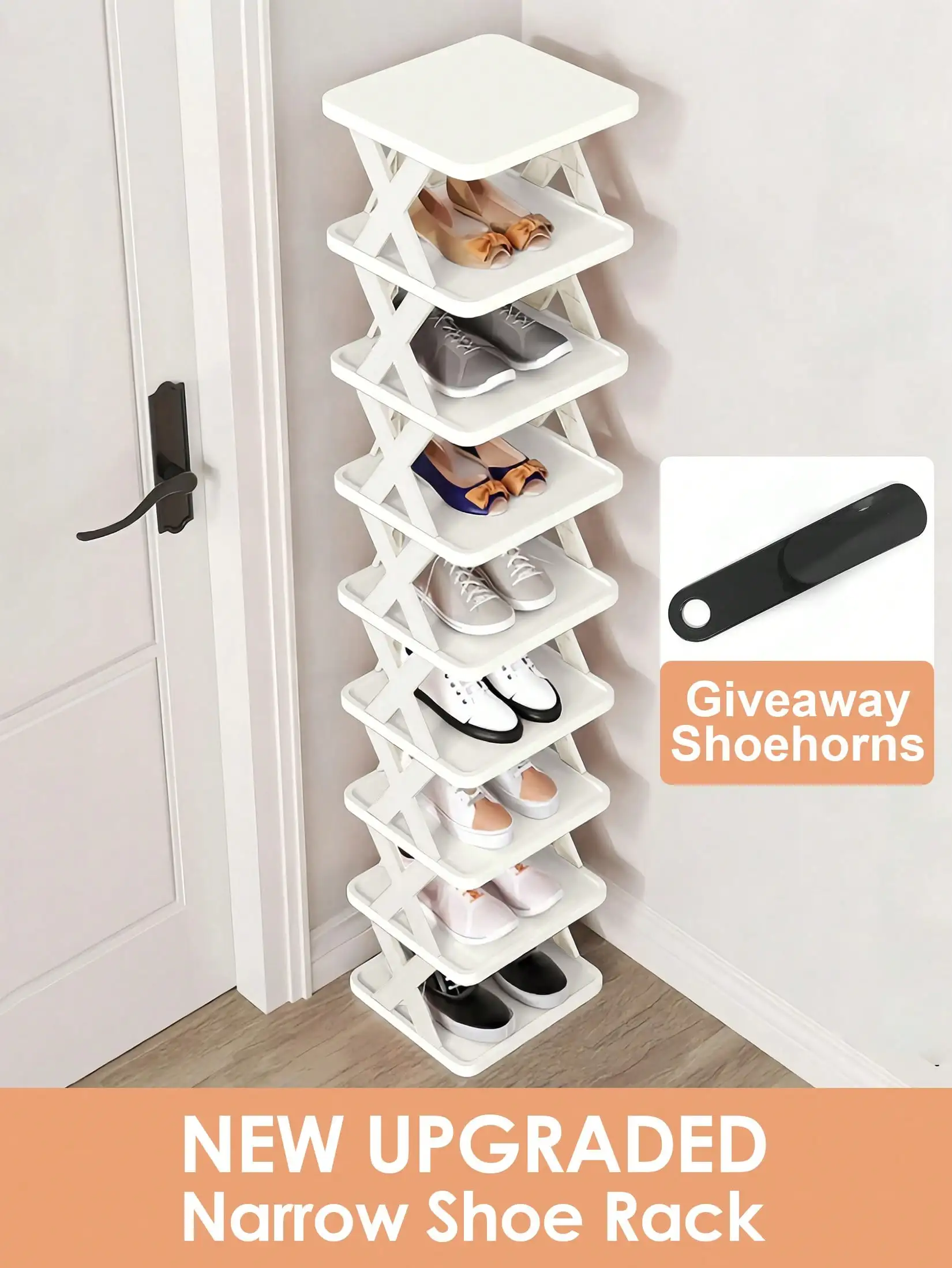9/6‑Tier Vertical Narrow Shoe Rack, Space‑Saving Freestanding DIY Shoe Storage Organizer, Small Plastic Shoe Shelf for Entryway, Closet & Hallway, Easy‑to‑Assemble Stable Structure, White