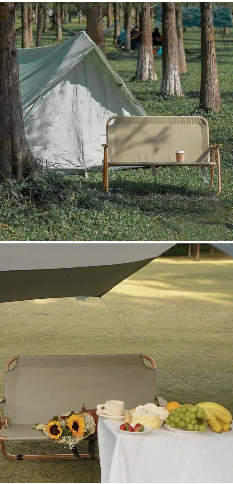 折りたたみ式ダブルシートキャンプチェア、ポータブル屋外芝生ピクニックハイキング、木製アームレストとカップホルダー付き屋外用折りたたみ式