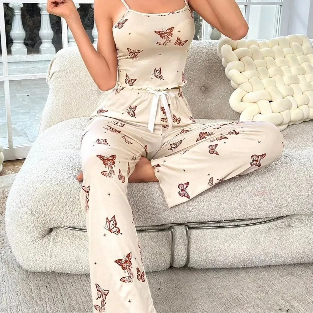 Women's Four-Season Camisole with Blue Butterfly Print, Romantic Atmosphere Pajamas, Pastoral Style Sexy Ins Pajama Set