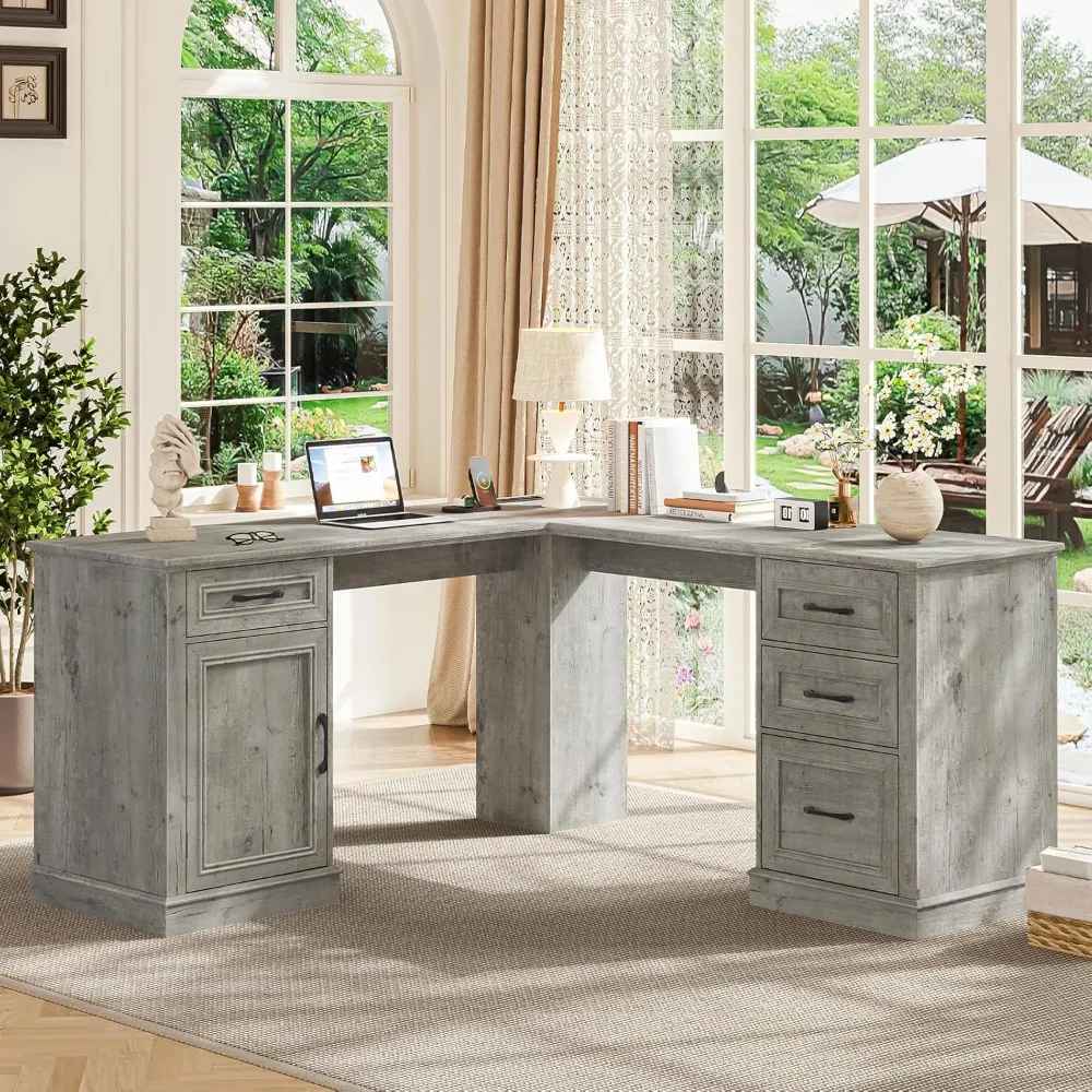

Farmhouse 59" L-Shaped Executive Desk with Drawers, Wood Home Office Corner Desk with Charging Station, File Drawer, Storage Cab