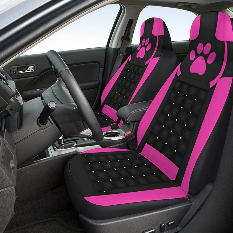 New Cat Claw Footprint Print Front Car Seat Covers Anti Slip Pink Washable Fabric Seat Dust Protector Four-season Universal