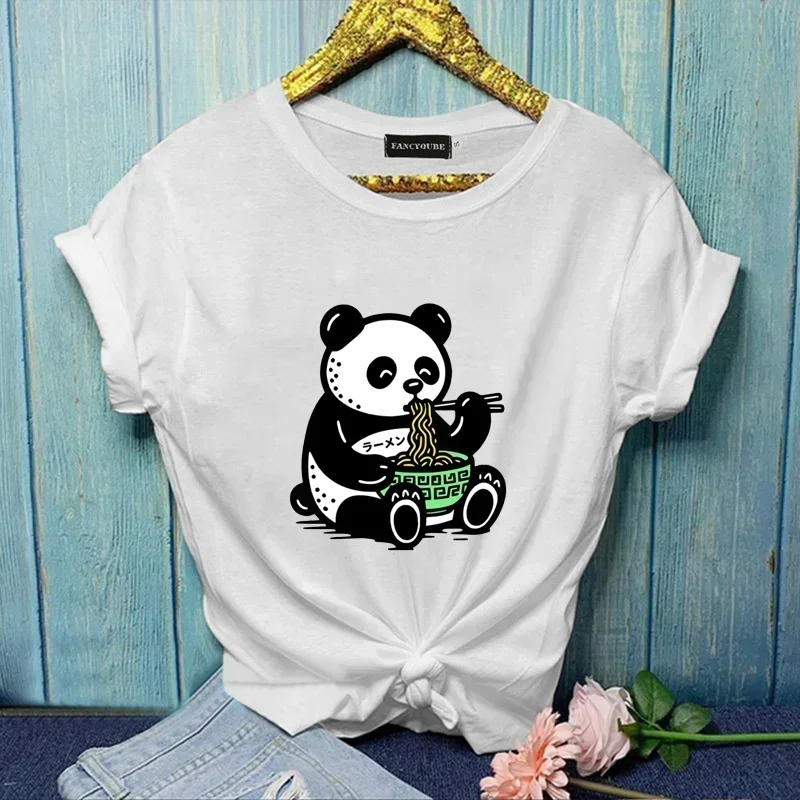 

Funny Panda Eating Ramen Graphic Printed T-Shirt Cute Panda Casual T-Shirt Shirt Panda T-Shirt