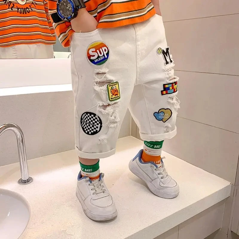 Kids Shorts For Boys bBaby Cotton Pants Summer Cropped Trousers 2021 Children\'s Thin Section Ripped Shorts Big Boy Jeans 3-9Y