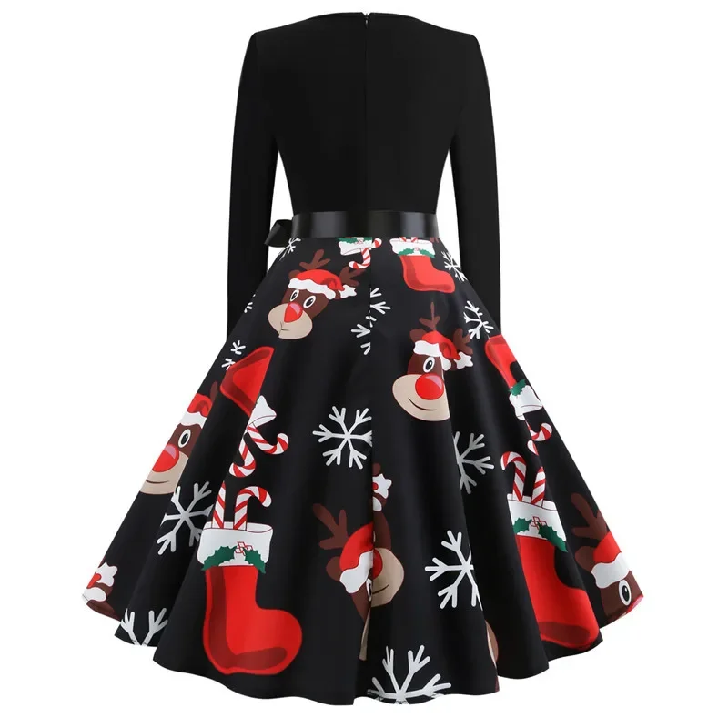 Women Christmas Costume Dress Santa Claus Printed Long Sleeve Holiday Xmas Fancy Party Dress