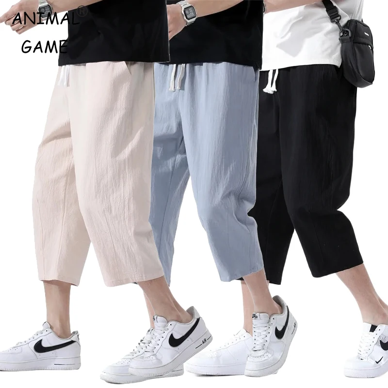New Mens Cotton Calf-Length Casual Pants Summer Straight Lightweight Pants Large Solid Gym Streetwear Fifth Beach Short Pants