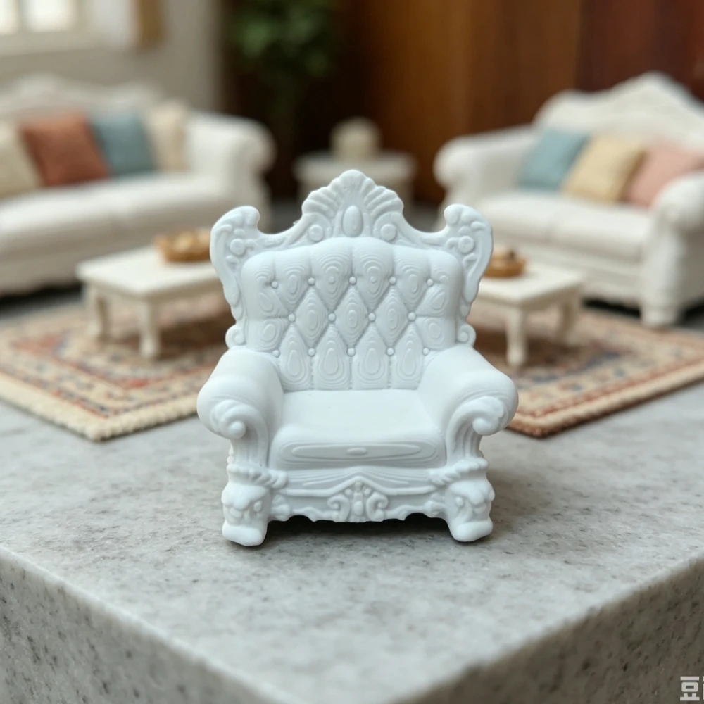 3D Printed Armchair Baroque Carved Crest Tufted Sofa Diamond Button Texture for Miniature Living Room Showcase