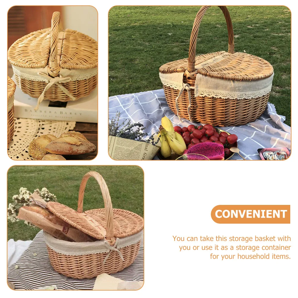 

Large Handwoven Basket with Lid for Picnic Shopping Outdoor Storage Durable Portable Bread Cornucopia Centerpiece Household