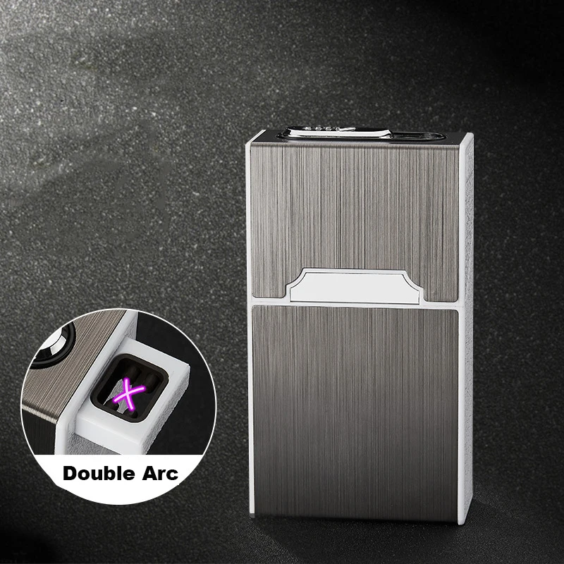 USB Double Arc Plasma Lighter, Automatic Cigarette Case, Moisture-Proof Metal Gadgets, Gift for Men, 20 Cigarette Case