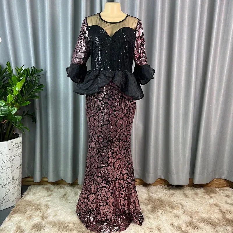 2023 African Wedding Party Dresses for Women Summer African Elegant Half Sleeve O-neck Polyester Pink Gold Long Dress Maxi Dress