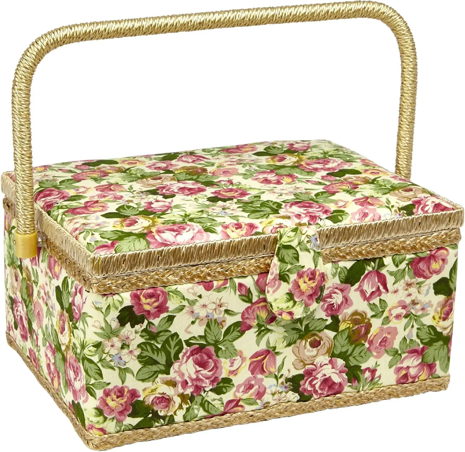 

Large Sewing Basket with Rose Floral Print, Removable Tray, Pin Cushion & Pocket - 12" x 9" x 6" Storage Box