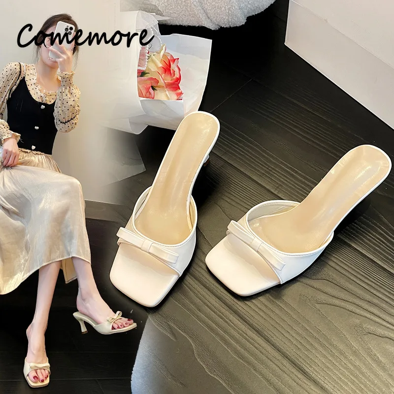 2024 New Fashion High Heel Open Toe Slippers for Women Wearing Bow Tie Outside Casual Square Toe Thin Heel Slides Sandals Shoe