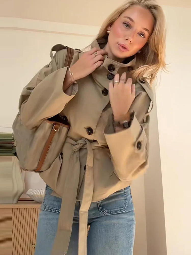 2025 الخريف حزام للنساء اقتصاص خندق معطف الوقوف طوق مزدوجة الصدر طويلة الأكمام الكاكي سترة سيدة الموضة تخفيف أبلى #4