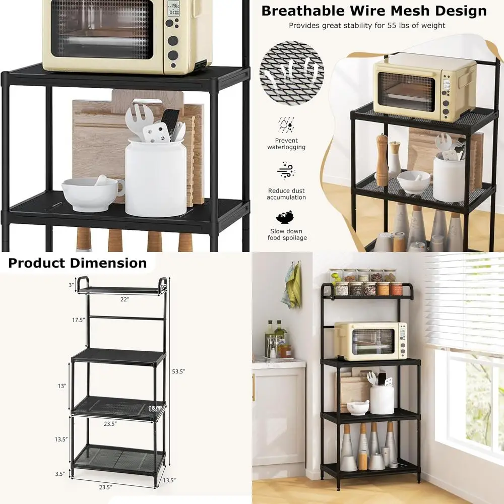 

4-Tier Kitchen Storage Rack with Mesh Shelves, Microwave Oven Stand, Utility Shelving Unit, 23.5L x 14W x 54H, Black