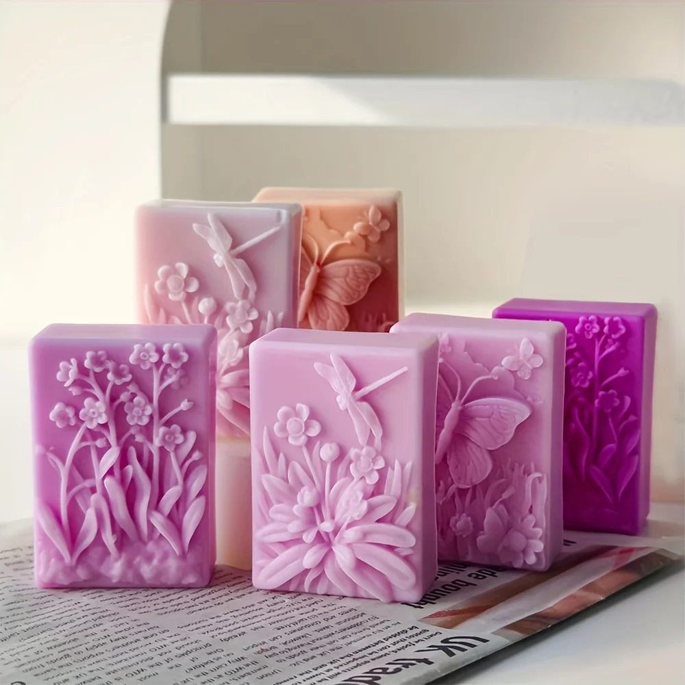 2-piece butterfly flower plant-textured soap mold, 3D rectangular insect flower mold, DIY handmade soap, bath ball, candle - Image 5