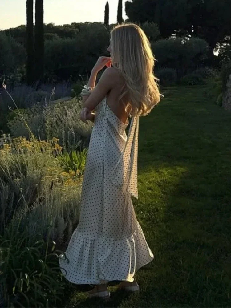 Chaxiaoa 폴카 도트 셔링 프릴 섹시한 미디 드레스 여성 가운 패션 홀터넥 민소매 백리스 하이 웨이스트 클럽 롱 드레스