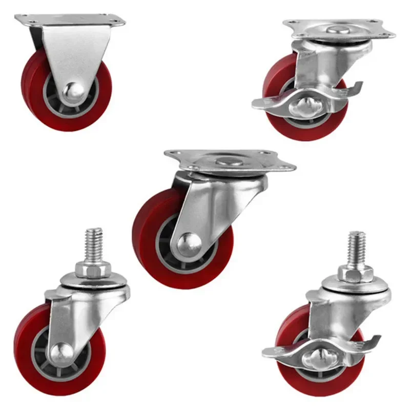 Red Plastic Rail Fixed Casters No noise Universal Wheel With Brake Small Cart Furniture Replacement Caster Hardware Accessories