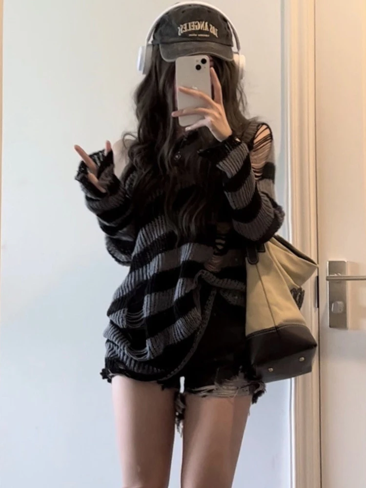 Karrcat Gothic Streetwear Striped Knitted Sweater Women Harajuku Punk Hollow Out Jumper Hole Loose All-match Tops Grunge E-girl