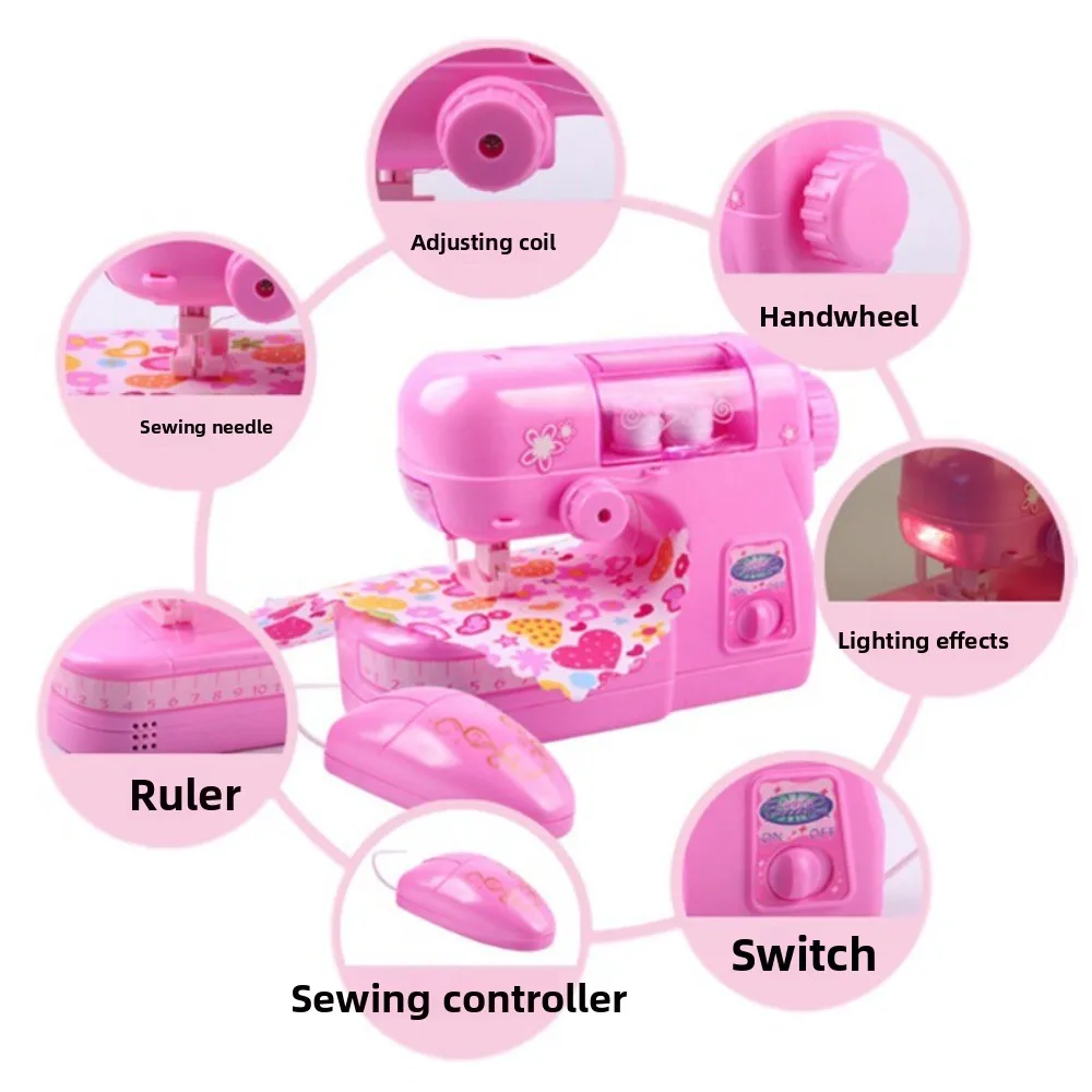 Máquina de coser simulada para niños, máquina de coser portátil con costura eléctrica rosa claro para niño y niña
