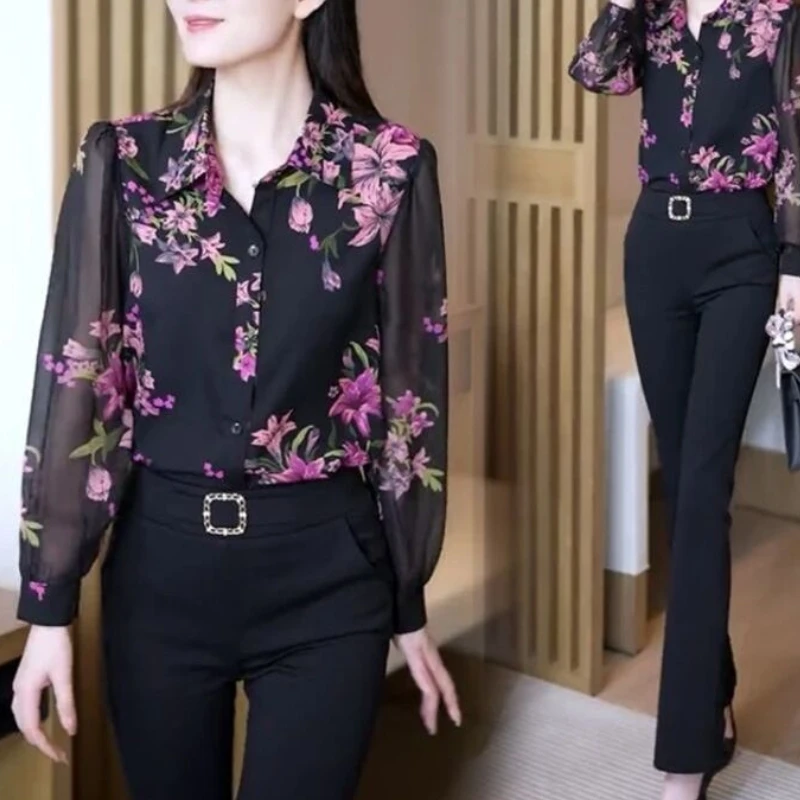 2024 New Spring and Autumn Fashion Elegant Versatile Polo Collar Printed Flower Chiffon Button Long Sleeved Women\'s Shirt Top