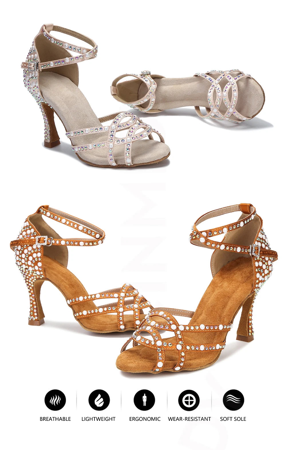 CINMIDY Strass-Tanzschuhe, Latein-Tanzschuhe, Damen-Ballsaal-Tanz-Sneakers, Satin-Hochzeitsschuhe, Damen-Sandalen mit weicher Sohle – Detail 3