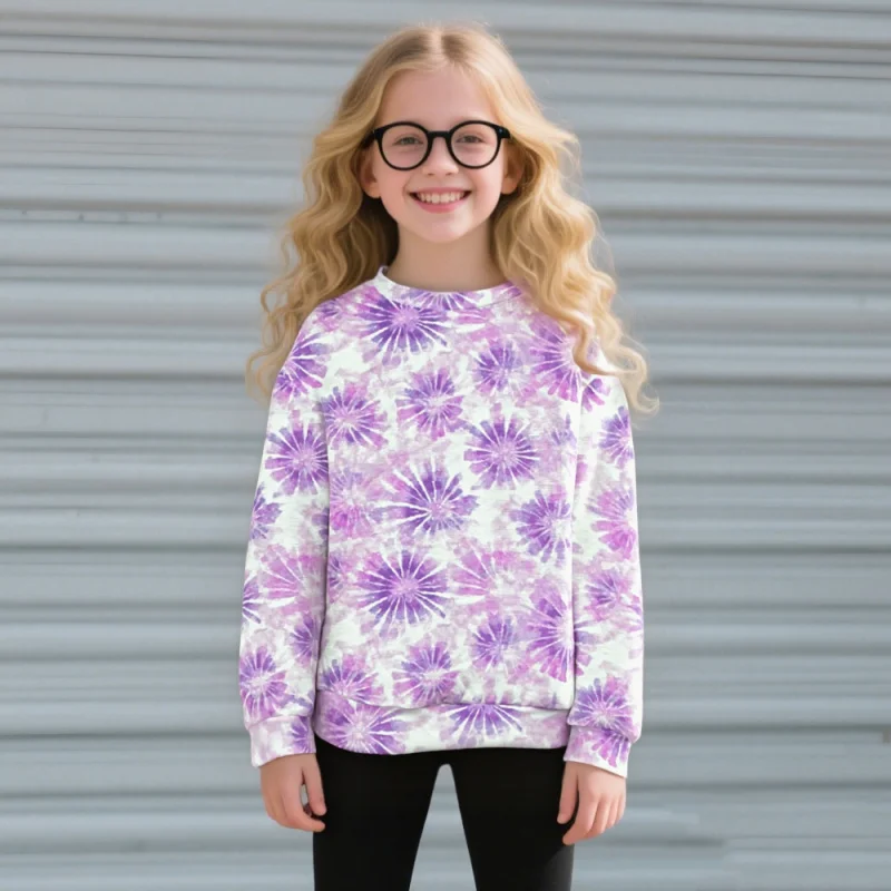 

Girls Long Sleeve Sweatshirt Purple Tie Dye Floral Print Casual Pullover Top for Kids