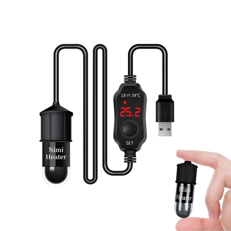 Varilla calefactora para acuario, calentador de tanque de peces, Mini calentador de termostato sumergible con carga USB, temperatura ajustable 18-34 ℃