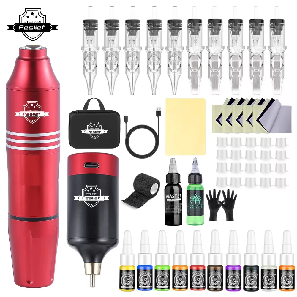 Professionele draadloze roterende tattoo-machinekit met 10-delige cartridgenaalden, complete set voor tattoo-artiesten en beginners