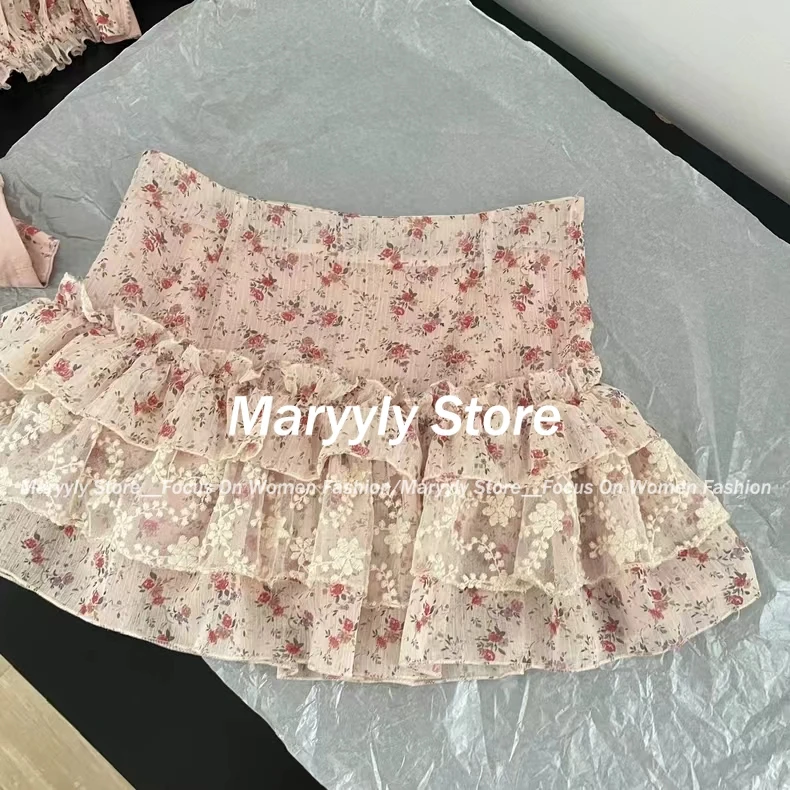 Sexy Cozy 2000s Aesthetic Outfits 2 Piece Skirt Set Pink Lace T-Shirts Puff Sleeve + Floral A-Line Skirt Korean Bohemian Sweet