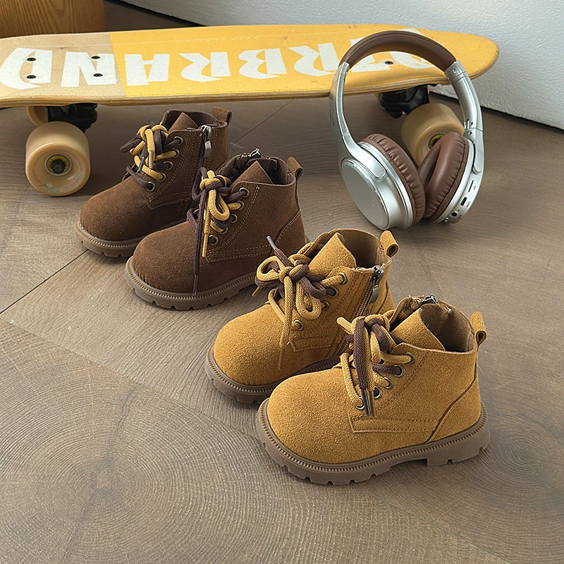 Kids Short Boots Boys Girls Ankle Boots Side Zipper Non-slip Soft Sole Children Fashion Leather Boots Autumn Winter New