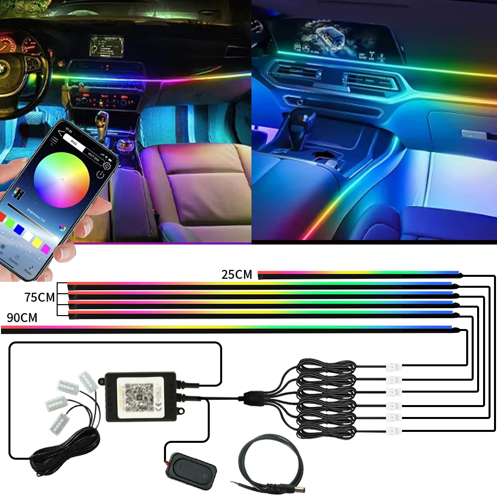 

Окружающий свет салона автомобиля, светодиодный 64-цветный RGB неоновый акриловый направляющий светильник, автосимфония, атмосферная лампа с приложением для BMW Tesla