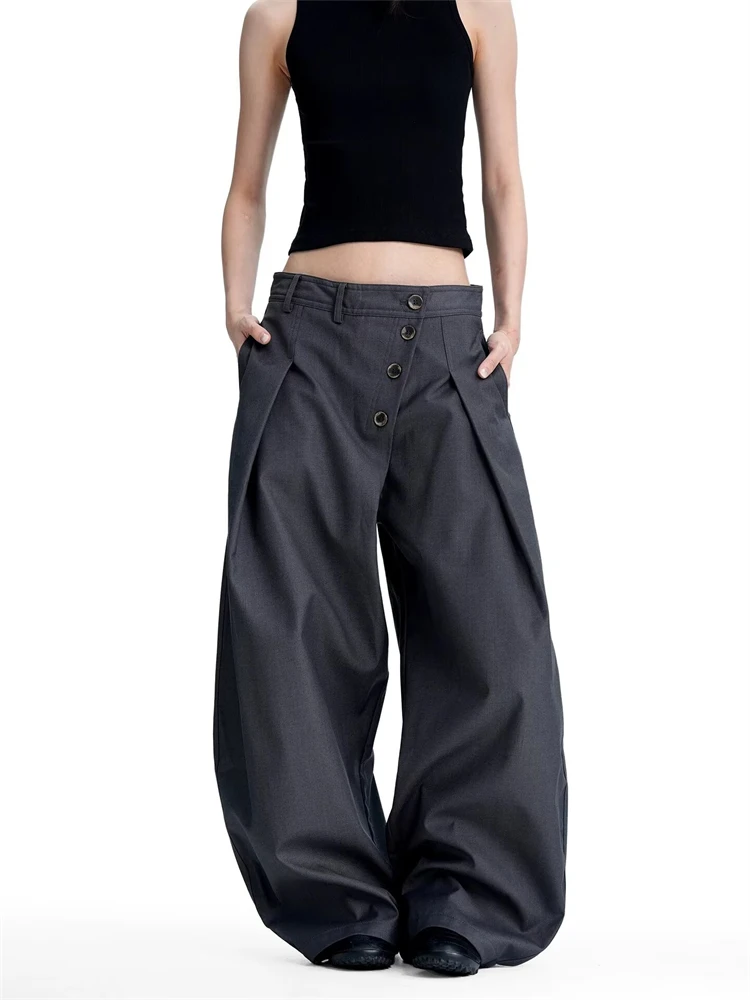 Women's Diagonal Buckle Gray Pants Commuting Style Women Bottoms Casual Y2k Wide Leg Sweatpants Female High Waisted Trousers