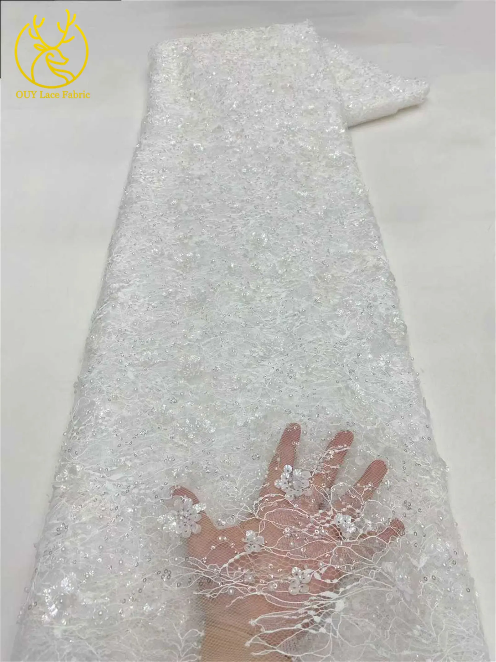 Wunderschöner afrikanischer 3D-Blumen-Pailletten-Spitzenstoff 2026, hochwertige französische nigerianische Perlen-Spitze für Damen-Abendkleider zum Nähen – Detail 4