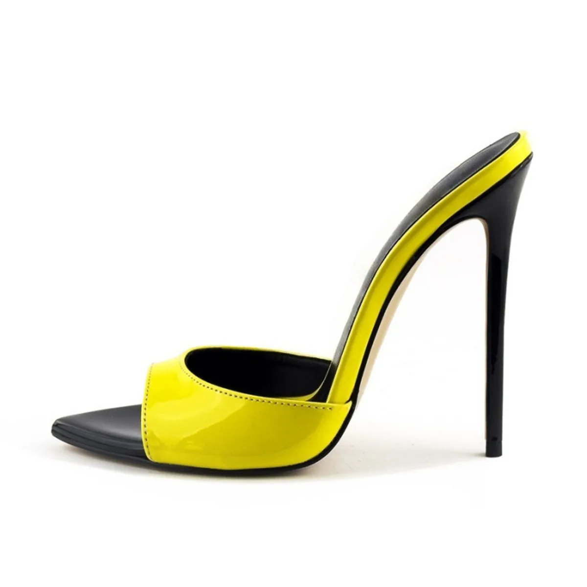 

Arden Furtado Summer Mixed Colors Patent Leather Peep toe slipper Pointed toe Super high heel Word slippers Outdoor Mules