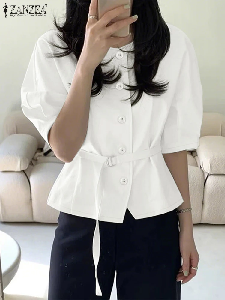 ZANZEA Half Puff Sleeve Tie-Waist Shirts Korean Fashion Women Office Button Up Chemises Femme 2025 Summer O-Neck Elegant Tops