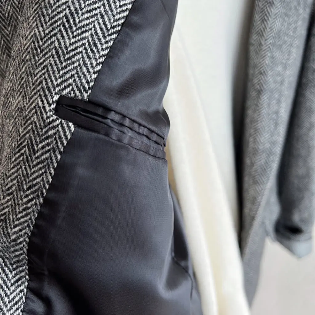

Women's Retro Wool Suit Jacket Yarn-Dyed Herringbone Pattern Casual Spring Autumn Elbow Leather Detail