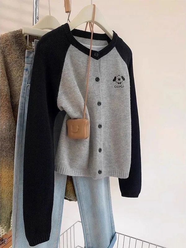 

Extra Large 300 Pou New ey Dog Spliced Knitted Sweater Coat Autumn Winter plus Size Embroidered Open Cardigan for Women