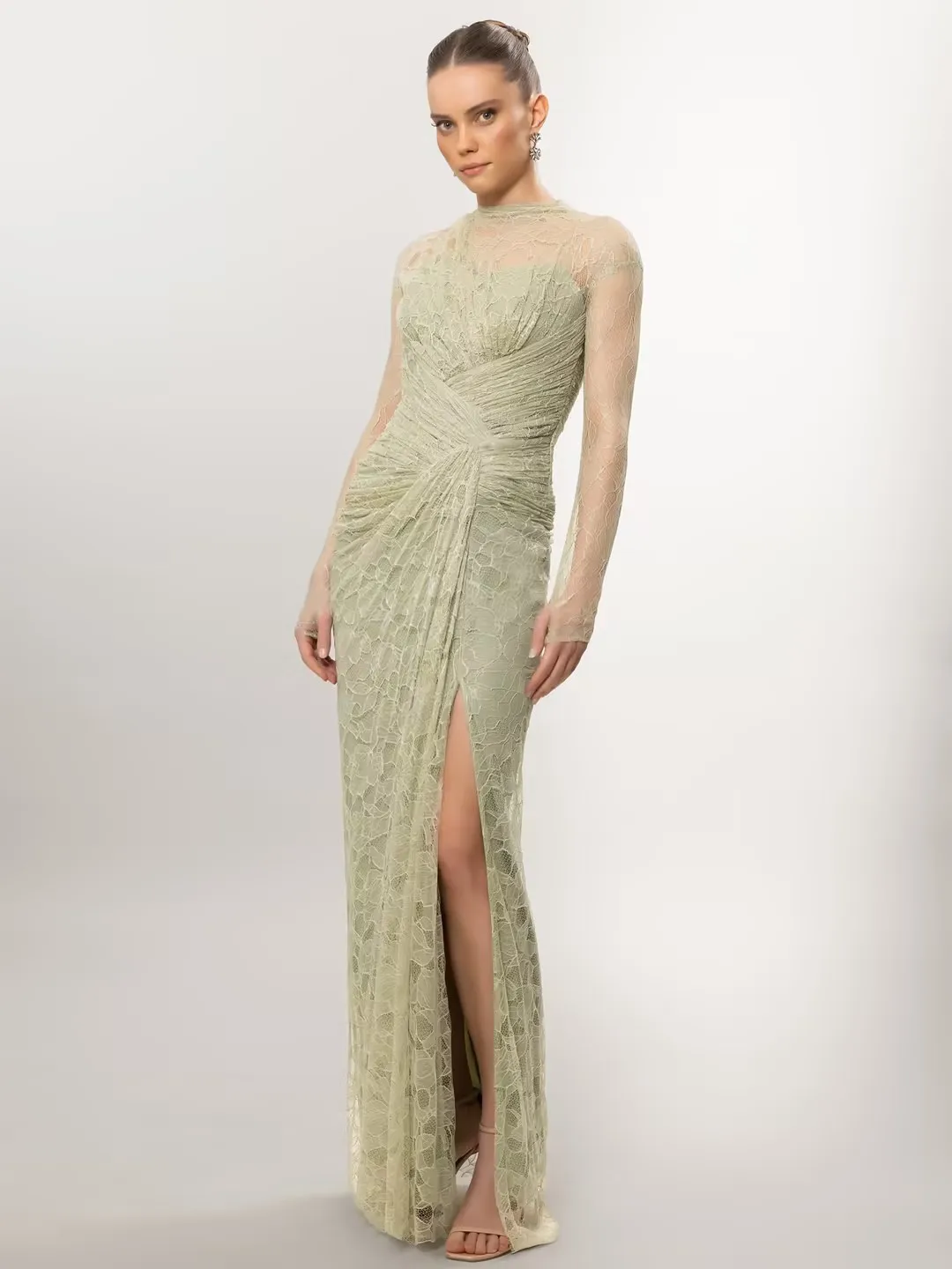 Verngo Brown Lace Evening Dress High Neck Full Sleeves Mermaid Prom Gowns Pleated Arabia Formal Occasio Dress Customized image 4
