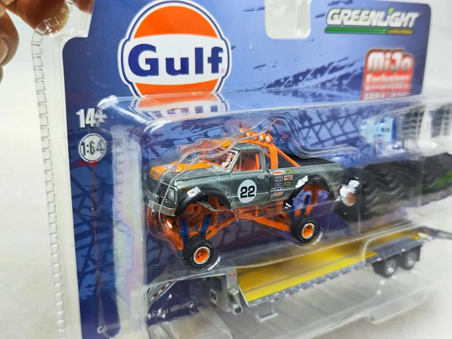 1: 64 1972 K-10 Monster Truck with Gooseneck Trailer and Tire Bay Gulf Clearcoat Collection of car models