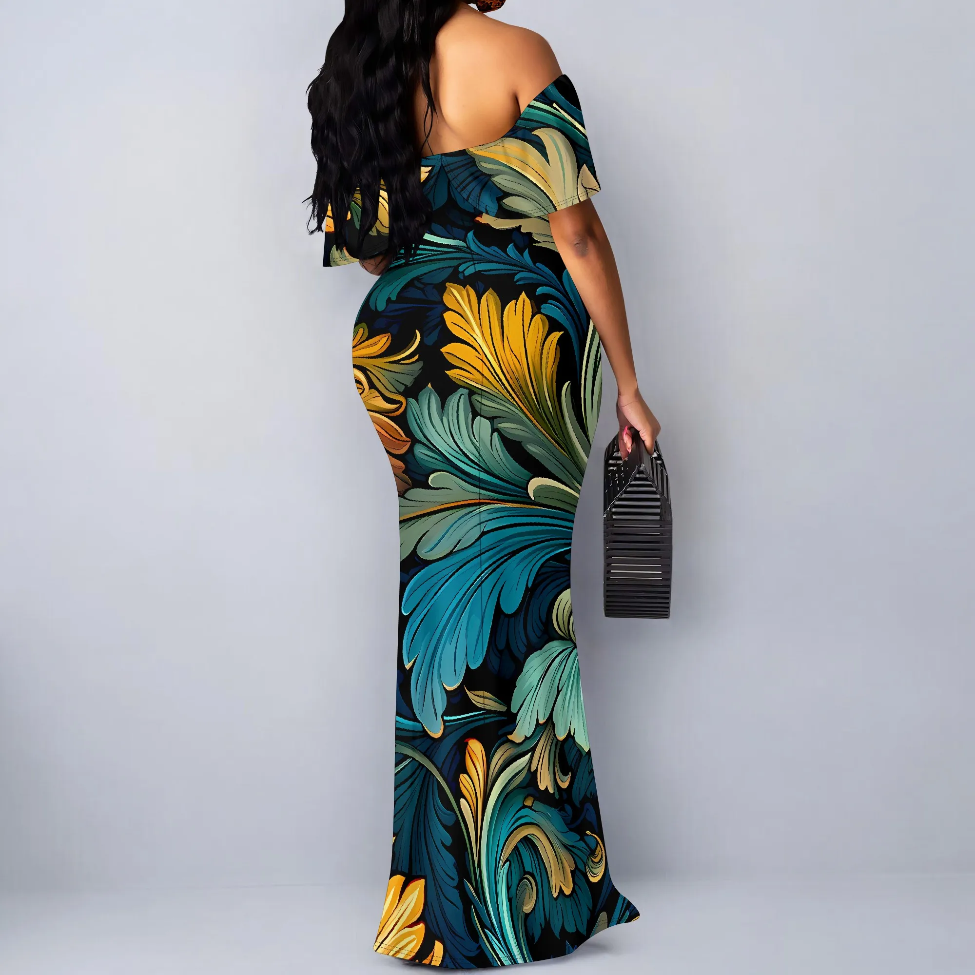 바로크 리프 프린트 오프 숄더 프릴 맥시 드레스 여성 우아한 여름 밤 파티 스타일