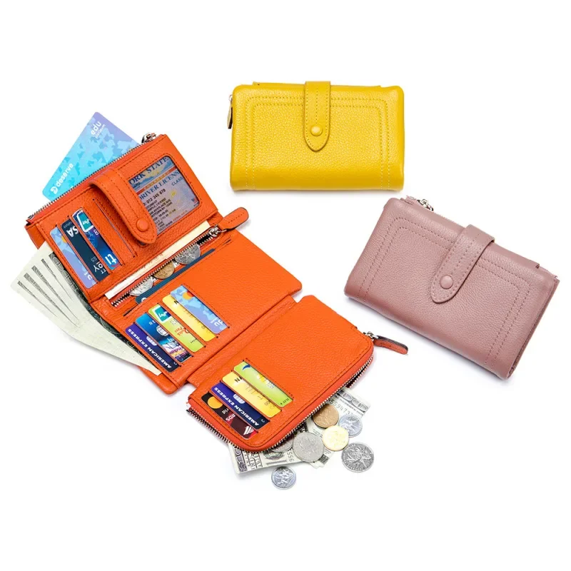 Soft leather high-end ladies short tri-fold wallet large capacity genuine leather fashion folding small wallet with multiple car